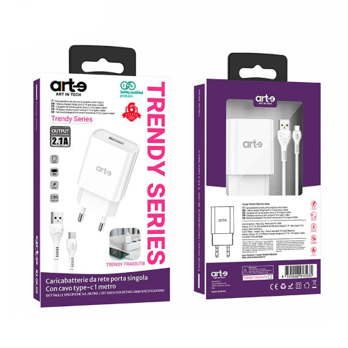 TRA03UTB-BI - Caricabatteria da rete 2.1A usb A Completo di cavo 1MT type-c  Serie Trendy TRA03UTB-BI - Art-E