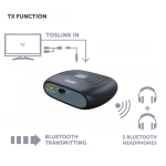 Convertitore bidirezionale di segnali audio stereo digitali in ingresso (Toslink o Coax RCA) a segnali Bluetooth permettendo una trasmissione/ricezione senza fili.